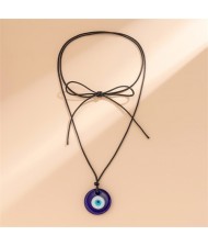 Classic Blue Color Eye Pendant Bowknot Wholesale Black Rope Necklace - Round