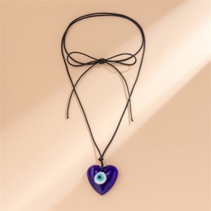 Classic Blue Color Eye Pendant Bowknot Wholesale Black Rope Necklace - Heart