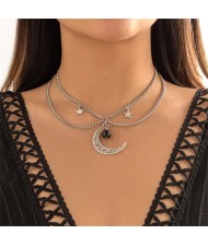 Unique Design Star and Moon Pendant Tassel Fashion Statement Necklace
