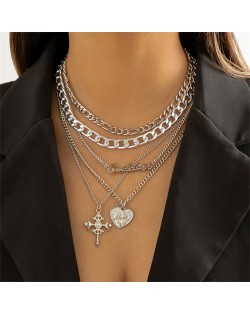 Hip-hop Style Cross and Heart Pendants Multi-layers Alloy Necklace - Golden