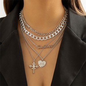 Hip-hop Style Cross and Heart Pendants Multi-layers Alloy Necklace - Silver