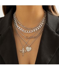 Hip-hop Style Cross and Heart Pendants Multi-layers Alloy Necklace - Golden