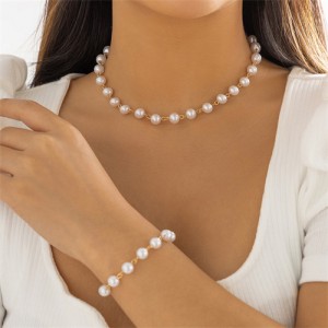 France Style Elegant Pearl Chain Bracelet and Necklace Jewelry Set- Golden