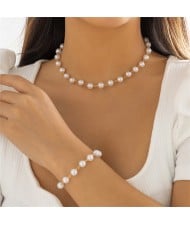 France Style Elegant Pearl Chain Bracelet and Necklace Jewelry Set- Golden