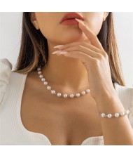 France Style Elegant Pearl Chain Bracelet and Necklace Jewelry Set- Silver