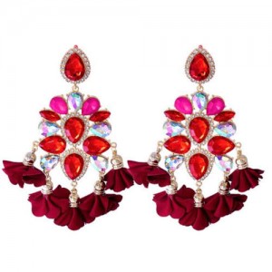 Bohemian Fashion Rhinestone Flower Tassel Unique Women Wholesale Costume Earrings - Red