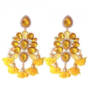 Bohemian Fashion Rhinestone Flower Tassel Unique Women Wholesale Costume Earrings - Yellow
