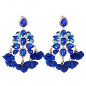 Bohemian Fashion Rhinestone Flower Tassel Unique Women Wholesale Costume Earrings - Blue