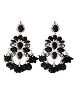 Bohemian Fashion Rhinestone Flower Tassel Unique Women Wholesale Costume Earrings - Black