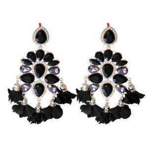 Bohemian Fashion Rhinestone Flower Tassel Unique Women Wholesale Costume Earrings - Black