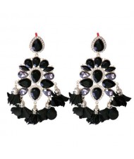 Bohemian Fashion Rhinestone Flower Tassel Unique Women Wholesale Costume Earrings - Black