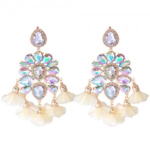 Bohemian Fashion Rhinestone Flower Tassel Unique Women Wholesale Costume Earrings - White