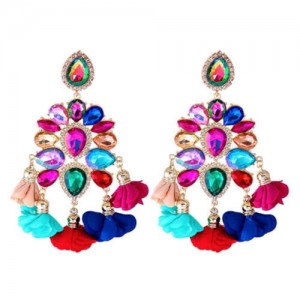 Bohemian Fashion Rhinestone Flower Tassel Unique Women Wholesale Costume Earrings - Multicolor