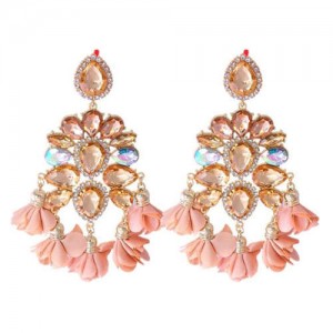 Bohemian Fashion Rhinestone Flower Tassel Unique Women Wholesale Costume Earrings - Champagne