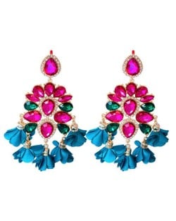 Bohemian Fashion Rhinestone Flower Tassel Unique Women Wholesale Costume Earrings - Rose and Blue