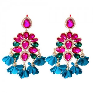 Bohemian Fashion Rhinestone Flower Tassel Unique Women Wholesale Costume Earrings - Rose and Blue