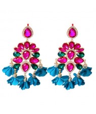 Bohemian Fashion Rhinestone Flower Tassel Unique Women Wholesale Costume Earrings - Rose and Blue