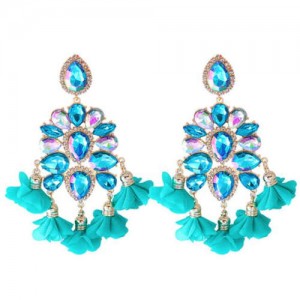 Bohemian Fashion Rhinestone Flower Tassel Unique Women Wholesale Costume Earrings - Teal