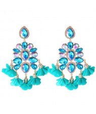 Bohemian Fashion Rhinestone Flower Tassel Unique Women Wholesale Costume Earrings - Teal