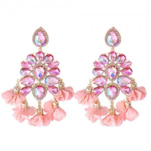 Bohemian Fashion Rhinestone Flower Tassel Unique Women Wholesale Costume Earrings - Pink
