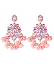 Bohemian Fashion Rhinestone Flower Tassel Unique Women Wholesale Costume Earrings - Pink