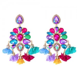 Bohemian Fashion Rhinestone Flower Tassel Unique Women Wholesale Costume Earrings - Purple and Blue