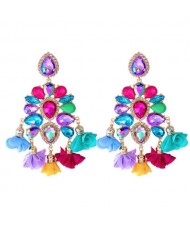 Bohemian Fashion Rhinestone Flower Tassel Unique Women Wholesale Costume Earrings - Purple and Blue