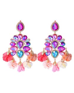 Bohemian Fashion Rhinestone Flower Tassel Unique Women Wholesale Costume Earrings - Purple and Pink