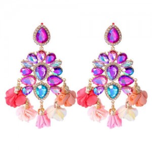 Bohemian Fashion Rhinestone Flower Tassel Unique Women Wholesale Costume Earrings - Purple and Pink