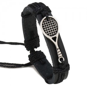 Mini Tennis Racket Decorated Black Leather Wholesale Fashion Man Bracelet