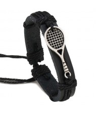 Mini Tennis Racket Decorated Black Leather Wholesale Fashion Man Bracelet