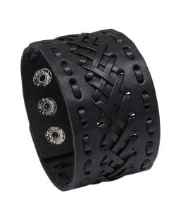 Vintage Style Handmade Weaving Man Wide Version Wholesale Leather Bangle - Black