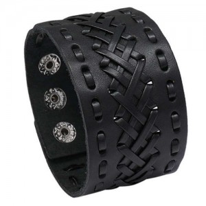 Vintage Style Handmade Weaving Man Wide Version Wholesale Leather Bangle - Black