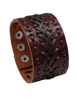 Vintage Style Handmade Weaving Man Wide Version Wholesale Leather Bangle - Brown