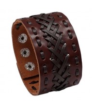 Vintage Style Handmade Weaving Man Wide Version Wholesale Leather Bangle - Brown