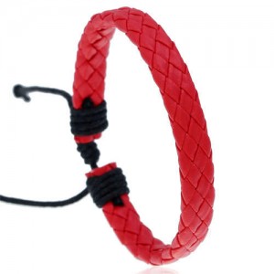 Rhombus Weaving Simple Design Adjustable Wholesale Leather Bracelet - Red