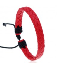 Rhombus Weaving Simple Design Adjustable Wholesale Leather Bracelet - Red