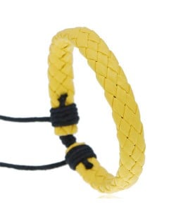 Rhombus Weaving Simple Design Adjustable Wholesale Leather Bracelet - Yellow