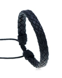 Rhombus Weaving Simple Design Adjustable Wholesale Leather Bracelet - Black