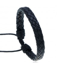 Rhombus Weaving Simple Design Adjustable Wholesale Leather Bracelet - Black