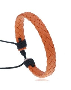 Rhombus Weaving Simple Design Adjustable Wholesale Leather Bracelet - Orange
