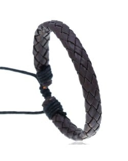 Rhombus Weaving Simple Design Adjustable Wholesale Leather Bracelet - Brown