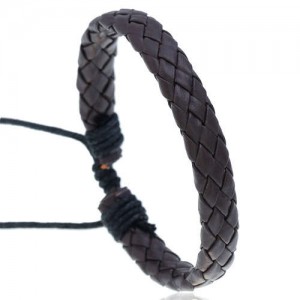 Rhombus Weaving Simple Design Adjustable Wholesale Leather Bracelet - Brown