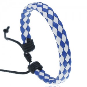 Rhombus Weaving Simple Design Adjustable Wholesale Leather Bracelet - Blue with White