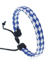 Rhombus Weaving Simple Design Adjustable Wholesale Leather Bracelet - Blue with White