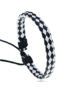 Rhombus Weaving Simple Design Adjustable Wholesale Leather Bracelet - Black with White