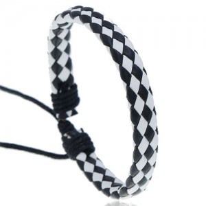 Rhombus Weaving Simple Design Adjustable Wholesale Leather Bracelet - Black with White