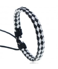 Rhombus Weaving Simple Design Adjustable Wholesale Leather Bracelet - Black with White