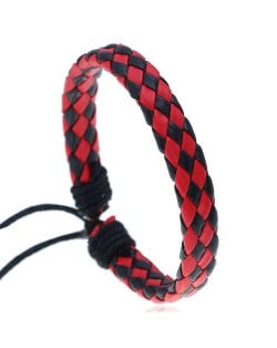 Rhombus Weaving Simple Design Adjustable Wholesale Leather Bracelet - Red with Black