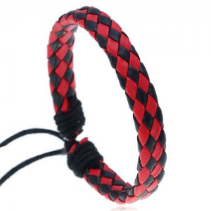Rhombus Weaving Simple Design Adjustable Wholesale Leather Bracelet - Red with Black